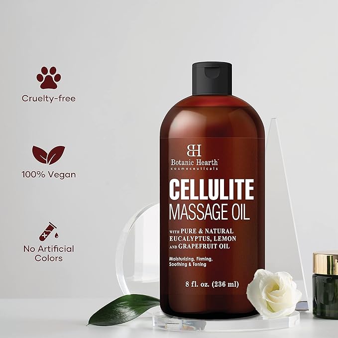 Botanic Hearth Anti Cellulite Massage Oil | Cellulite Oil for Thighs and Butt Firming | Unique Blend of Massage Essential Oils | Improves Skin Tone, Skin Firmness & Tightness | 8 Fl Oz