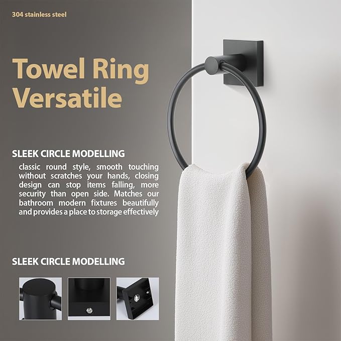 Bathroom Accessories Set Matte Black Towel bar Set, 4 Piece Towel Rack Set Towel bar for Bathroom Wall Mounted Durable 24 inch Towel bar Robe Hook Towel Ring Toilet Paper Holder