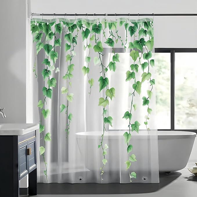 Clear Green Ivy Leaves Shower Curtain Liner, Transparent Plastic Nature Green Botanical Leaf Decorative Waterproof Shower Curtains for Bathroom, 72x72 Weighted Magnetic Shower Curtain Liner with Hooks