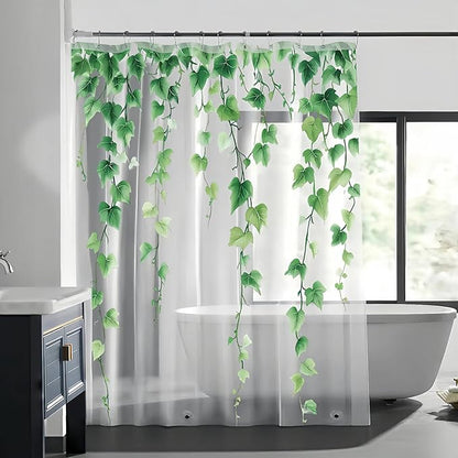 Clear Green Ivy Leaves Shower Curtain Liner, Transparent Plastic Nature Green Botanical Leaf Decorative Waterproof Shower Curtains for Bathroom, 72x72 Weighted Magnetic Shower Curtain Liner with Hooks