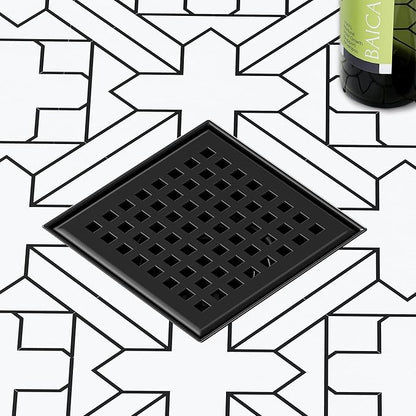 Neodrain 4 Inch Square Shower Drain with Removable Quadrato Pattern Grate, Matte Black 304 Stainless Steel Square Drain, with Watermark&CUPC Certified, Hair Strainer