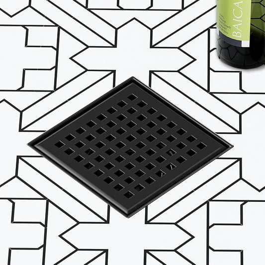 Neodrain 4 Inch Square Shower Drain with Removable Quadrato Pattern Grate, Matte Black 304 Stainless Steel Square Drain, with Watermark&CUPC Certified, Hair Strainer