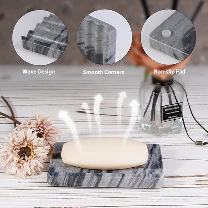 2 Pcs Soap Holder for Bathroom, Marble Soap Dish for Kitchen Countertop, Tray with Creative Wavy Design, Soap Saver for Bath Tub, Sponges, Italian Natural Stone(Monte Grigio)