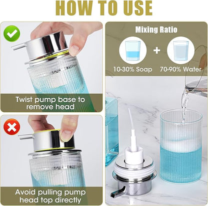 NiHome 14oz Ribbed Glass Foaming Hand Soap Dispenser, High-Capacity Easy to Refill for Home & Commercial Use, Clear Foaming Soap Dispenser for Bathroom, Kitchen with Large Foam Pump & Non-Slip Mat