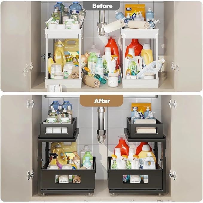 1 Pack 10.8"-14.9" H Under Sink Organizers and Storage Height Adjustable,2-Tier Pull Out Under Cabinet Shelf Organizer,Multi-Use Slide Out Drawer for Bathroom Kitchen Laundry-Black