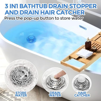 zaa Bathtub Drain Stopper, Upgraded 2in1 Tub Stopper Bathtub Drain Cover and Hair Catcher, Pop Up Bathtub Drain Plug, Replaces Lift & Turn, Tip-Toe or Trip Lever, for 1.46-2" W Drain Hole, Silver