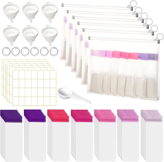 67pcs Protein Powder Travel Container Set 42 Single Dose Bags 6 Large Reusable Supplement Containers Portable Zip Pouches with Funnels Spoons Labels for Travel Gym Bath Salts Storage(Pink Purple)