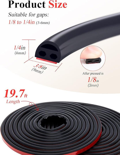 Silicone Weather Stripping - 19.7 Feet Door Seal for Soundproofing, Self-Adhesive Backing, Abrasion Resistant, for Doors & Windows (Black)