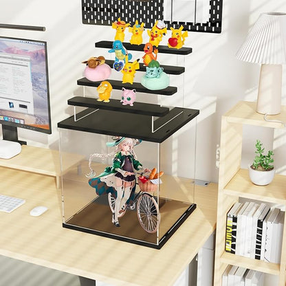 Choowin 5 Tier Clear Acrylic Lighted Display Case for Collectibles, Mini Figures, Pop Mart, Labubu, Sonny Angel, Smiski - Assemble Dustproof Display Box with Door, Stand (Black Top Base, Clear Step)