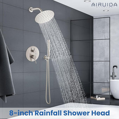 Airuida Shower Fixtures 2 Functions Shower Faucet Set Wall Mounted for Bathroom High Pressure Brass Handheld Shower with Rough-in Valve Round Rainfall 8 Inch Shower Head Brushed Nickel