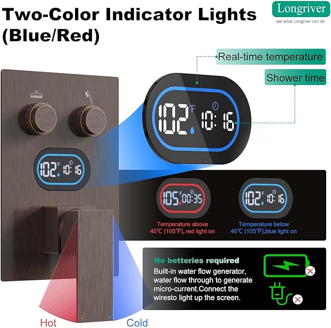 Push Button Diverter Shower Faucet Set Hydro Power Temperature Display, Shower System 10 Inches Shower Head with Handheld Spray, Wall Mounted Shower Fixtures with Valve and Trim Kit, Oil Rubbed Bronze