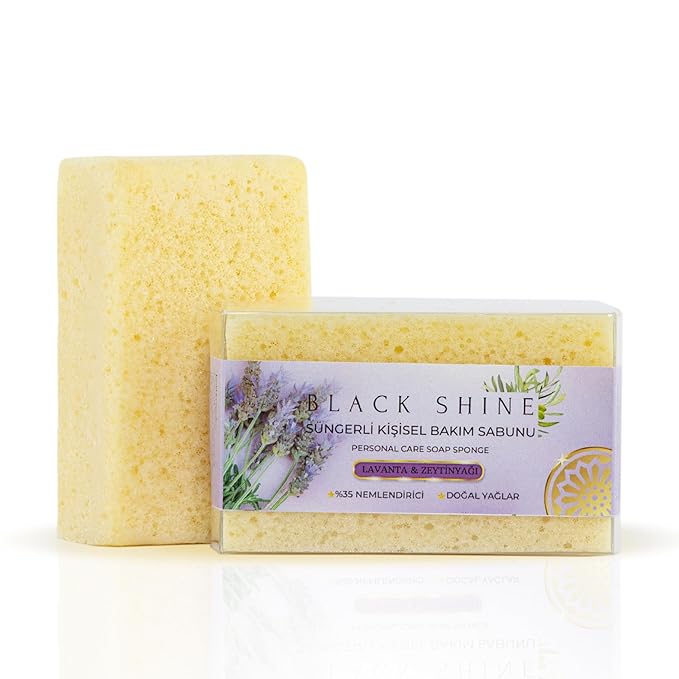 Black Shine Turkish Hammam Sponge-Infused Natural Soap Bar – Handmade and Cold Press Exfoliating Sponge + Soap (Sandalwood, Rose, Goat Milk, Lavender) – 20+ Uses, Gift‑Ready (Lavender)