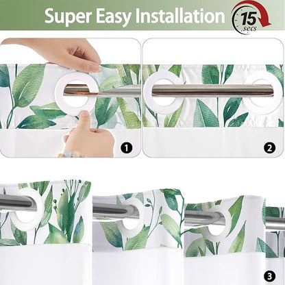 No Hook Shower Curtain and Liner Set, Light Green Eucalyptus Floral Shower Curtains for Bathroom, Bath Curtain Sets with Snap in Liner, Waterproof with See Through Top Window, 71x84 Inches