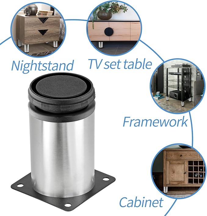 4 Inch Metal Furniture Legs Stainless Steel Adjustable Legs Silver Table Legs Round Cabinet Legs for Coffee Table Cabinet Desk Sofa Shelves, Pack of 4