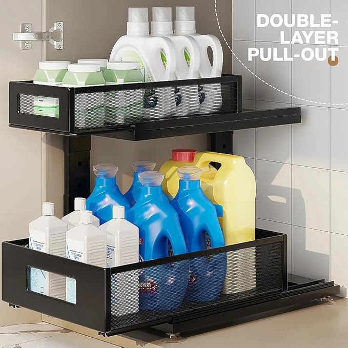 1 Pack 10.8"-14.9" H Under Sink Organizers and Storage Height Adjustable,2-Tier Pull Out Under Cabinet Shelf Organizer,Multi-Use Slide Out Drawer for Bathroom Kitchen Laundry-Black