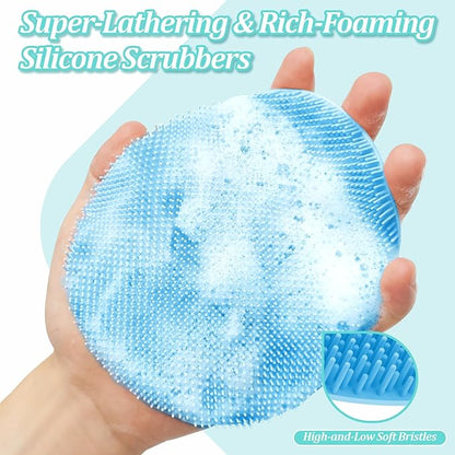 Silicone Back Scrubber & Soft Bath Glove 2PCS, 16''- 21''Extendable Back Scrubber with Dual-Side Large Head, 360° Anti-Slip Hand-fit Silicone Body Scrubber for Rich Foaming Deep Cleaning(Blue)