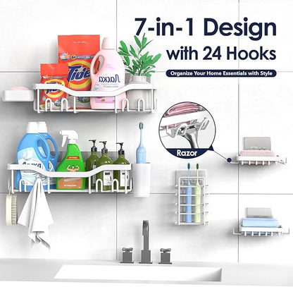 Shower Caddy Adhesive Shower Organizer 7-Pack, Rustproof Stainless Steel Bathroom Shelves, Large Capacity No-Drill Rack Storage Accessories with Soap Dish Toothbrush Holder Hooks (White)