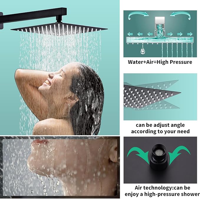Shower Faucet Set with Brass Durable Trim, 10 Inch Square Rainfall Shower Head, High Pressure Handheld Shower, Easy-Clean Silicone Nozzles, Wall Mounted Black Shower System