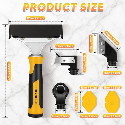 DIYSELF Caulking Tool, 4 in 1 Caulk Remover Tool for Bathroom, Bathtub, Grout, Shower, Tile, Window, Razor Scraper Tool for Cleaning, Silicone Caulk Removal Tool (Yellow)