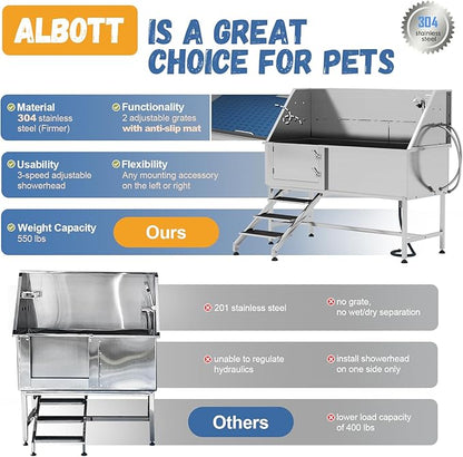 Albott 60 Inch Stainless Steel Dog Washing Station, Professional Pet Bathtub with Stairs, 3-Speed Adjustable Showerhead, Removable Grates, and Easy-Clean Design, XL for Large Dogs (Left Door).