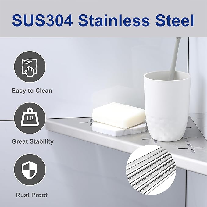 10" Corner Shower Shelf, 1-Pack Shower Shelves SUS304 Stainless Steel Bathroom Shelves for Tile Walls, Recessed Corner Shelf Organizer Rack, No Drilling (Brushed)