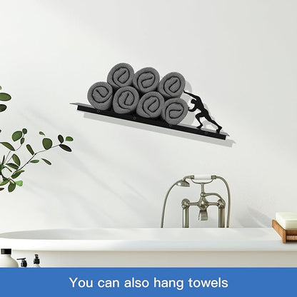 Multifunctional Wall-Mounted Toilet Paper Holder Shelf – Heavy-Duty Metal Bathroom Storage & Decorative Art – Towel Rack, Tissue Organizer & Plant Display (Black)