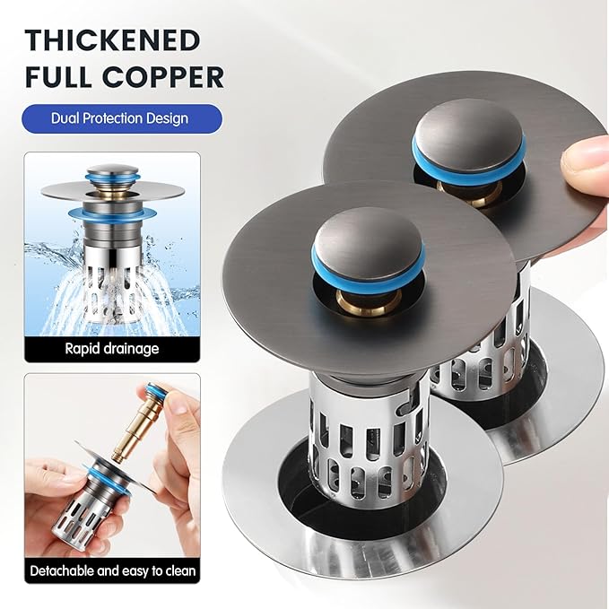 Universal Bathroom Sink Stopper, Pop Up Sink Drain Strainer Plug with Removable Stainless Steel Filter Basket Hair Catcher,Brass Body,Bathroom Bathtub Drain Stopper(2 PCS),Gun Grey