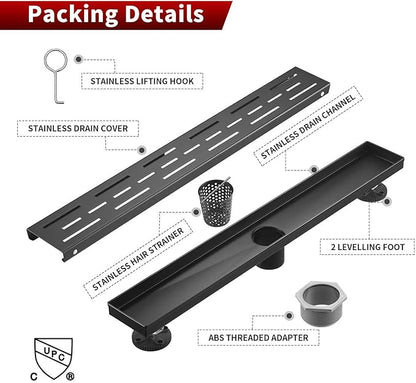 Sharp-tec Linear Shower Drain, 24 inch Shower Drain with Removable Pattern Cover, Matte Black 304 Stainless Steel Rectangle Floor Drain, Adjustable Feet and Hair Strainer Included (Model 101)