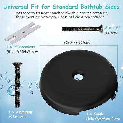 Single Hole Bathtub Drain Cover 1/8", Universal Bathtub Overflow Drain Cover with One Matching Screw for Waste and Over Flow, Tub Overflow Cover Fits Most Standard Bath Tub Drains (2PCS) (Black)