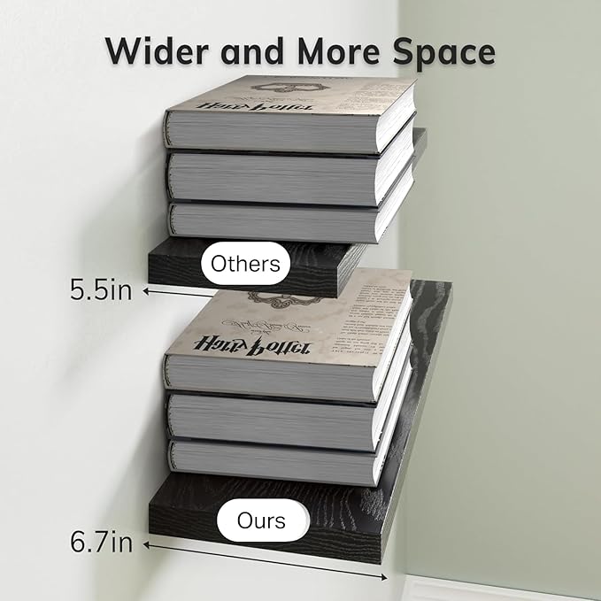 BAYKA Floating Shelves for Wall, Wall Mounted Rustic Wood Shelves for Bathroom, Bedroom, Living Room, Kitchen, Hanging Shelf for Books/Storage/Room Decor with 22lbs Capacity (Black, Set of 3, 15.7in)