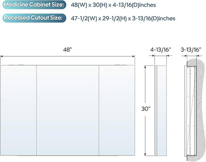 WELLFOR 48" x 30" Rectangle Medicine Cabinet Mirror, Surface Mount or Recessed Medicine Cabinet with Tempered Mirror, Anodized Chrome Aluminum Frame, Bathroom Mirror with Storage
