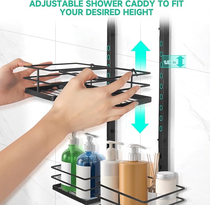 Shower Caddy Hanging for Handheld Showerheads Adjustable Height Extra Long Bathroom Storage Organizer Hanger Rack Rustproof Hose Shower Organizer 4 Levels Height Shower Rack（Black