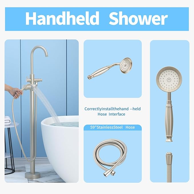 Freestanding Tub Filler Brushed Nickel Floor Mount Bathtub Faucet Bathroom,Rough-in Valve 2 Function Handshower for Tub Rinsing Bathing,Anti-Wobble Base,Telephone-Shape Handheld