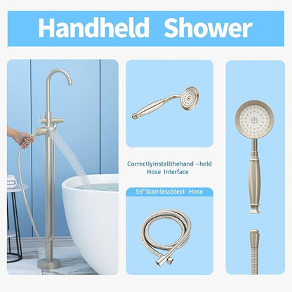 Freestanding Tub Filler Brushed Nickel Floor Mount Bathtub Faucet Bathroom,Rough-in Valve 2 Function Handshower for Tub Rinsing Bathing,Anti-Wobble Base,Telephone-Shape Handheld