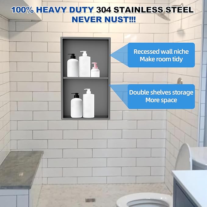 304 Stainless Steel Shower Niche Insert-24 x 12" No Tile Needed Bathroom Niche for Shower Wall-Double Shelves Built in Shower Shelf-Waterproof Recessed Cabinet for Bathroom Living Room Study Kitchen