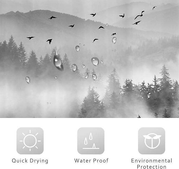 Riyidecor Extra Long Black and White Shower Curtain 72Wx78H Inch Foggy Scene Alpine Tree Misty Mountain View Pine Wood Nature Natural Botanical Bathroom Decor Fabric Polyester Waterproof 12 Pack Hooks