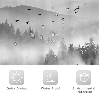 Riyidecor Extra Long Black and White Shower Curtain 72Wx78H Inch Foggy Scene Alpine Tree Misty Mountain View Pine Wood Nature Natural Botanical Bathroom Decor Fabric Polyester Waterproof 12 Pack Hooks