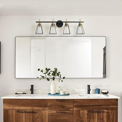 Industrial Bathroom Vanity Lights: 4 Light Black and Gold Vintage Metal Cage Wall Sconce - Rustic Farmhouse Wall Light Fixture Over Mirror Cabinet for Bedroom Living Room
