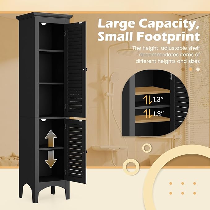 Tangkula 63" Tall Bathroom Storage Cabinet, Freestanding Narrow Linen Tower with Adjustable Shelf, Modern Slim Floor Cabinet with 2 Doors for Bathroom, Living Room, Kitchen (Black)
