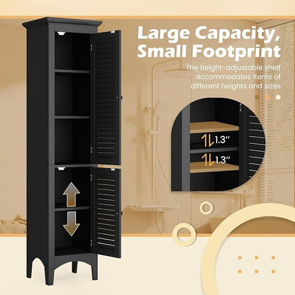 Tangkula 63" Tall Bathroom Storage Cabinet, Freestanding Narrow Linen Tower with Adjustable Shelf, Modern Slim Floor Cabinet with 2 Doors for Bathroom, Living Room, Kitchen (Black)
