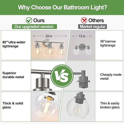 3-Light Bathroom Light Fixtures, Brushed Nickel Modern Vanity Lights Over Mirror with Clear Glass Globe Shade, Bathroom Wall Sconces for Mirror Kitchen Living Room Hallway Cabinet Bedroom Porch