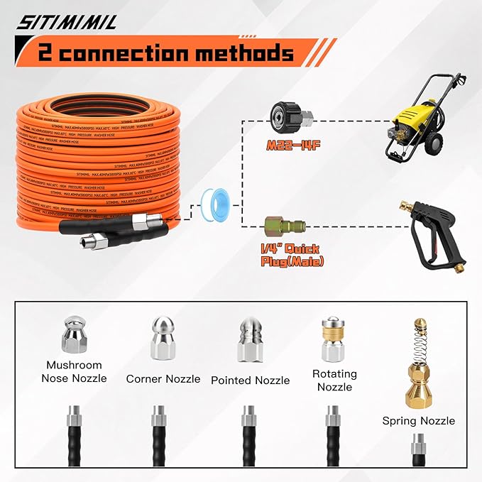 Sewer Jetter Kit for Pressure Washer 200FT,5800psi Drain Cleaner Hose 1/4 Inch Npt Corner, with 5 Sewer Jetting Nozzles Sealing Tape Pearl Corsage Pin Spanner Glove Drain Snake