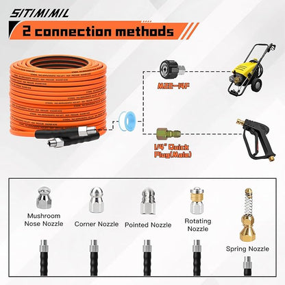 Sewer Jetter Kit for Pressure Washer 100FT,5800psi Drain Cleaner Hose 1/4 Inch Npt Corner, with 5 Sewer Jetting Nozzles Sealing Tape Pearl Corsage Pin Spanner Glove Drain Snake