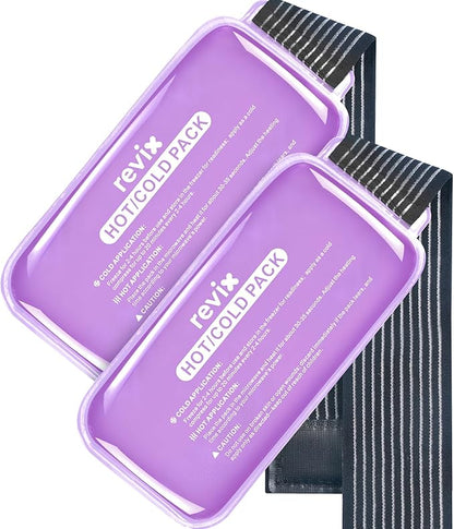 REVIX Ice Packs for Injuries Reusable, 2 Packs Hot & Cold Gel Ice Packs with PVC Cooling Design & Adjustable Strap, Flexible Therapy on Joints, Muscles, Shoulder, Back and Knee (10" x 5" Purple)