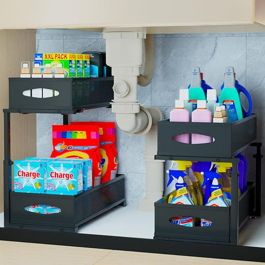 2 Pack Under Sink Organizer,2 Tier Pull Out Sink Shelf,Cabinet Organizer Shelves,Under Sink Shelf,Metal Sliding Drawer Storage for Kitchen Bathroom,Height Adjustable,Black