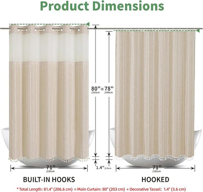 No Hook Long Shower Curtain Set with Snap-in Fabric Liner,Linen Textured Thick Striped Fabric with Tassels,Boho Farmhouse Rustic Luxury Bathroom Curtain,Water-Repellent,Cream/Beige,71x80