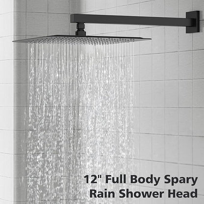 Gabrylly Shower System Black, Rainfall Shower Faucet Set Complete, 12" High-Pressure Stainless Steel Rain Showerhead with handheld Shower Spray Combo, 2 Way Valve Included, Matte Black