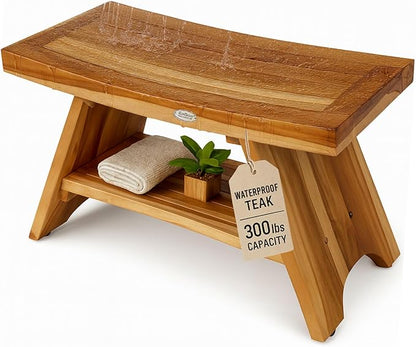 EcoDecors 30 Inch Serenity Teak Shower Bench – Waterproof Bathroom Seat with Large Storage Shelf For Adults & Seniors | Spa-Style Teak Wood Stool with Non-Slip Feet, Elegant Finish, 300 Pound Capacity