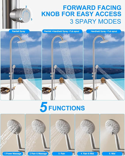 Free Standing Outdoor Shower Stainless Steel, 5-Function Nickel Shower Kit with 10''Rain Shower Head,Outdoor Shower Fixture for Backyard Beach Poolside,Floor Mounted