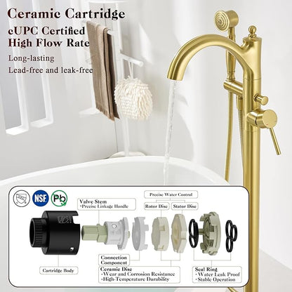 Free Standing Tub Faucet, High Flow Rate Brushed Light Gold Classic Freestanding Tub Faucets with Hand Shower Brass Floor Mount Tub Filler （WT-9002BGZZ）